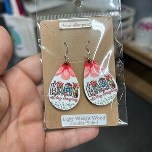 Wooden 'MAMA' Floral Teardrop Earrings - White & Coral
